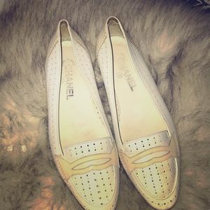 CHANEL white perforated flats